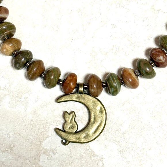 Genuine Earthy Polychrome Jasper Bronze Cat on the Moon Beaded Short Necklace - Picture 6 of 13
